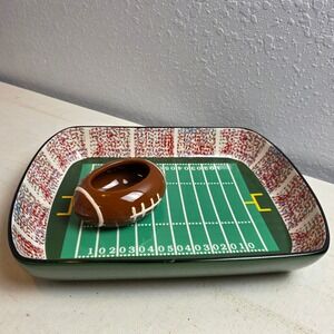 Football Stadium Chip and Dip Set Ceramic Field Platter and Football Bowl 2pc